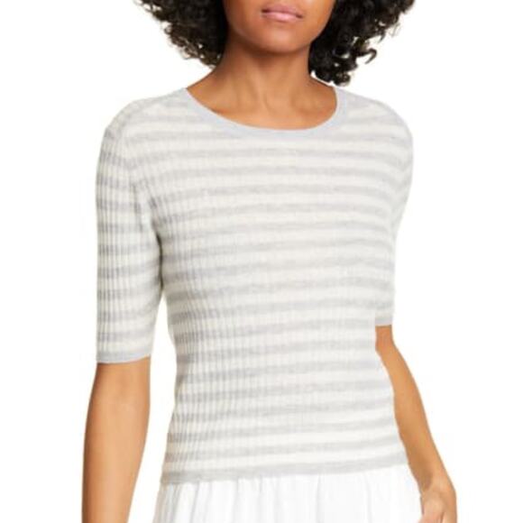 Vince Stripe Rib Cashmere Sweater  GREY/OFF WHITE - Picture 1 of 9